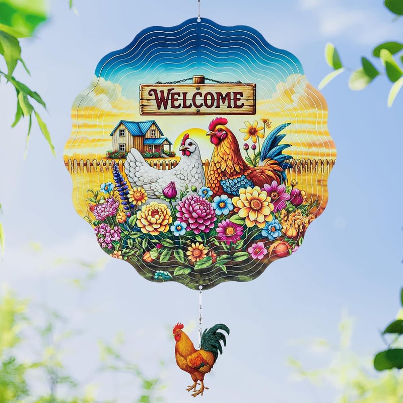 Riletese Farmhouse Rooster Wind Spinners Outdoor - Chicken Gifts for Women Mom Men Dad Grandpa, 3D Cute Wind Spinner for Yard Patio Ornament Garden Decor, 12 Inch Hanging Kinetic Metal Wind Sculpture - Image 1